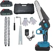 6-Inch Mini Chainsaw,Cordless Chainsaw,Light Weight Battery-Powered Electric Saw with 2 Chains and 2 1.2Ah Batteries,Rechargeable Chainsaw for Garden, Farm(Blue)