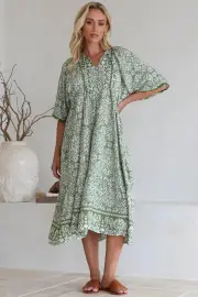 Kamali Midi Dress - Batwing Sleeve Smock Dress with Lace Detailing in Harley Print Green