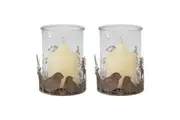 2x Willow & Silk Metal Glass 10.5cm Rustic Bird Home/Room Decor Candle Holders