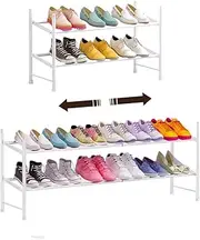 Shoe Rack Shoes Organizer, Metal Iron of Expandable and Adjustable Shoes Organizer, Stackable Shoe Shelf for Entryway Doorway (White, 2-Tier)