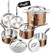 [ciwete] Copper Pots and Pans Set Tri-ply Cookware Set 10 Piece, 18/10 Stainless Steel Pot and Pan Set with Stainless Steel Lid, More Nutritious, Include Stock Pot, Saucepan, Fry Pan