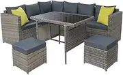 Gardeon Outdoor Dining Set 8 Seater Rattan Wicker Lounge Setting Table and Chairs, Patio Conversation Sets Furniture Garden Aluminum, Weather-Resistant Cushions Pillows Grey with Ottoman
