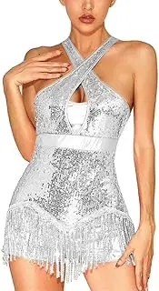 [Generic] Women's Sleeveless Sequins Tassel Leotards Latin Tango Salsa Dance Dress Cha Cha Rumba Dance Performance Costume