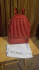 Michael Kors Signature Rhea Zip Medium Backpack Bag Pleated Crimson Red Gold