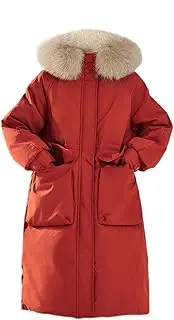 [nichangyuyi] Winter 90 white duck down waist over knee workwear long down jacket women's solid color down coat, Red(fox Hair), 5X-Large, Red(fox Hair), 5X-Large