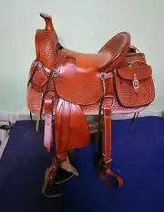 Western hot seat saddle 16'' on Eco Leather buffalo chestnut on drum dye finish