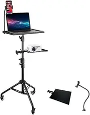 Projector Stand, Adjustable Height, Universal Wheel Mobile Tripod, Mobile Phone Stand Laptop Projector Stand with Mobile Phone Hose clamp and Fixed Mouse Tray, Black