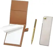 Recycled Cowhide Leather Mini Notebook Cover Mocha Horizontal Hook Pen Case White Brass Hexagonal Rotating Holi Gold Ballpoint Pen Set Gold LS022PM-NK01W-6KSBP-K