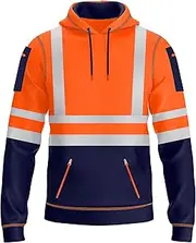 [NOROZE] Mens Hi-Viz Pullover Hoodie Grey Reflective Tape High Visibility Safety Coat with 4 Zip Utility Phone & Gadget Pockets Sweatshirt Top Jacket UK Size S-XXL, Style 1: Neon Orange/Navy, L