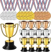 Swpeet Gold Silver Bronze 12Pcs 1.8×3.2 Inches Trophy Cup and 12Pcs 1.48×15.7 Inches Award Medals with Neck Ribbon, Ideal for Team Award Ceremonies Championship Games Sports Competitions