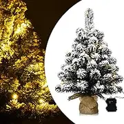 60CM Pre-Lit Snowy Christmas Tree, Mini Artificial Xmas Table Top Tree w/30 Warm White LED Lights, Battery Operated, 6 Hours Timer, Snow Flocked Tips, Potted Base w/Linen for Home, Office, Shop