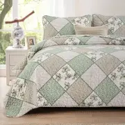 Quilt Set Boho Patchwork Bedspread Floral Coverlet Reversible King Sage Green