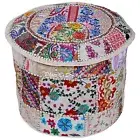 Indian Vintage Embroidered Patchwork Ottoman Pouf White Footstool Ethnic Decor