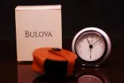 Bulova Travel Alarm Clock B6639 Leather Cover Box/Papers Easy-To-Use Loud Beep