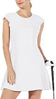[Amoy] Women's Tennis Golf Dress with Inner Shorts 4 Pockets Cap Sleeve Athletic Dresses for Sport Exercise Workout Running