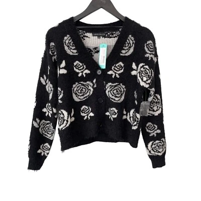 Love Ellie Eddinson Fuzzy Cardigan Women S Black White Floral Cozy Knit Boho NEW