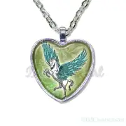 Pegasus Flying Horse Mythology Mystical HEART-shaped glass pendant necklace