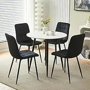 Sintered Stone Round Dining Table Set with Velvet Chairs Modern 80cm White Marble Kitchen Table and Padded Seats for Home Living Room Restaurant (Black Table with 4 Chairs)