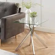 Modern Style Square Side Table with Tempered Glass Top and Metal Tubular Legs, Silver 20”Dx20”Wx22”H