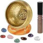 DiDiBirDi 3.14In Tibetan Singing Bowl Set with 7 Chakra Crystal Stones – Handmade in Nepal for Meditation, Mindfulness & Relaxation