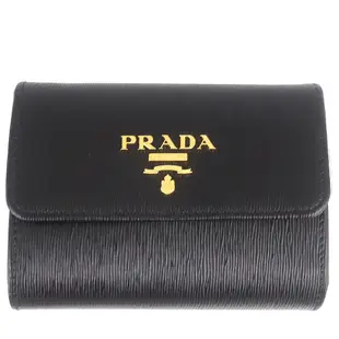 PRADA 黑色縱紋牛皮金字三折短夾(拉鍊零錢袋)