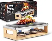 Artestia Steak Lava Stone Table Grill for Meat with Bamboo Stand, Smokeless BBQ Grill Outdoor with Fast Heating Natural Lava Cooking Stone, Ideal for Dinner and Family Fun, Two Rechauds (14.56"*6.69")
