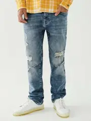 NEW TRUE RELIGION $179 MENS GENO DISTRESSED SLIM JEANS IN MEDIUM WORN SZ 33x34