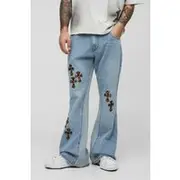 Mens Light Blue Relaxed Flared Leopard Cross Applique Gusset Jeans