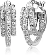 [Hoops & Loops] Sterling Silver Cubic Zirconia Triple Row Fashion Hoop Earrings