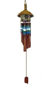 36" Bamboo Birdhouse Wind Chime with Blue, Green and White Stripes 23800