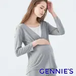 【GENNIES 奇妮】親膚蕾絲居家哺乳衣-灰(孕婦裝 月子服 居家服 睡衣 長袖 下拉哺乳)