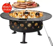 32 Inch Outdoor Fire Pit 2-in-1 Camping Fire Pit with Grill and Poker Wood Burni
