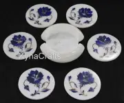 Lapis Lazuli Stone Cup Mat with Inlay Work Round Marble Coffee Coaster Set 4.5"