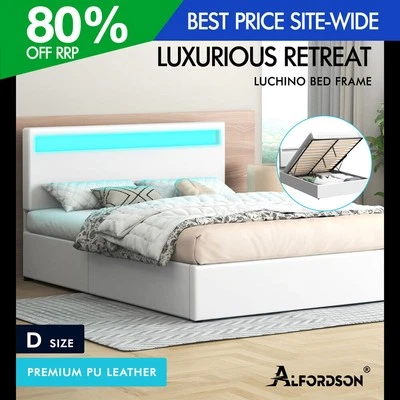 ALFORDSON Bed Frame Double Size RGB LED Gas Lift Storage Base White LUCHINO