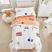 4 Pieces Toddler Bedding Set for Baby Girls and Boys, Cute Car and Tree Print on White, Includes Comforter, Flat Sheet, Fitted Sheet and Pillowcase