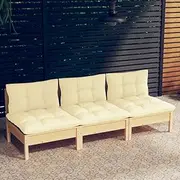 3-Seater Garden Sofa with Cream Cushions Solid Pinewood Outdoor Furniture Patio