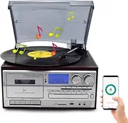 3 Speed Adjustable Vinyl Record Player with Bluetooth, CD, Cassette, FM/AM Radio, USB/SD Playback, AUX Input, Headphone & Audio Output, Vintage Phonograph,Brown