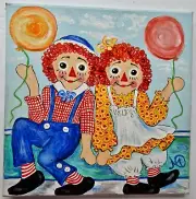 RAGGEDY ANN & ANDY Acrylic Painting on Canvas by Artist Marilyn Oliveri 12" x 12