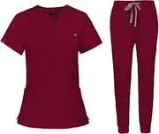 [Vaveren] Nursing Uniforms Scrub Set Workwear V Neck Tops Jogger Pants Comfortable Suit Work suits for Athletic Cosmetology Pet Shop SPA, S, Red