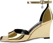 [Oh Mispares] Wedge Sandals for Women Square Open Toe Dress Shoes Adjustable Ankle Strap Buckle Heels
