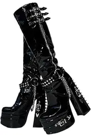 [Frankie Hsu] Goth Sexy Chunky Platform Knee High Heeled Boots, Black Patent Silver Chain Rivets Ring Buckle Gothic, Punk Y2K Hot Girl Big Large Size Wide Calf Shoes For Women Men