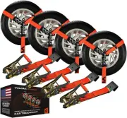 All-American Made Car Tie Downs - 2 Inch x 96 Inch with Flat Hooks - 4 Pack