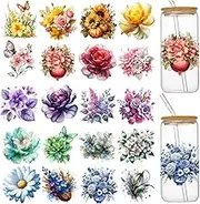 UV DTF Cup Wraps for 16 oz Glass Cups- 20 Sheets Flower Uvdtf Cup Wraps Vinyl Decals for Tumblers, Rub on Transfers for Crafts, Cold Transfer Stickers for Bookmarks, Wood Furniture, Water Bottles