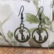 1.5” Bronze-tone Earring Nautical Anchor Dangle Drop Hook New Free Ship 4256