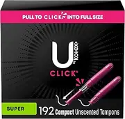 U by Kotex Click Compact Tampons, Super, Unscented, 192 Count (6 Packs of 32) (Packaging May Vary)