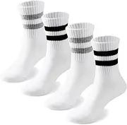 [COTTON DAY] Unisex Little Kids Youth Boys Girls Soft Cotton White Athletic Socks with Stripes, Black Gray Stripes 4 Pack, 8-10 Years
