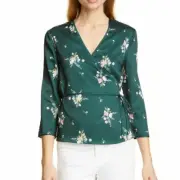 NWT Ted Baker Flowers V-neck Wrap Blouse, Dark Green, US 8/Ted 3, MSRP $209