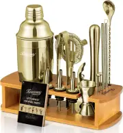 Cocktail Shaker Set with Stand - Bar Drink Mixer Kit with Essential Tools, Silve