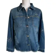 Chicos Stretch Denim Jacket Size 2 Large NWT Coastal Boho Bohemian Stretch Stars