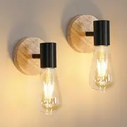 Comely 2-Piece Indoor Wall Sconce, Vintage Wood Rotating Industrial Metal Wall Lamp E27 Wall Lamp Black for Living Room Bedroom Kitchen (Bulb Not Included)